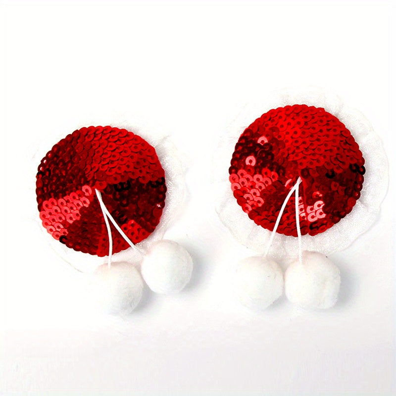 1 Pair of Round Christmas Nipple Stickers for Adults with Sequins, Red Silicone Nipple Stickers with White Lace Nipple Ornaments