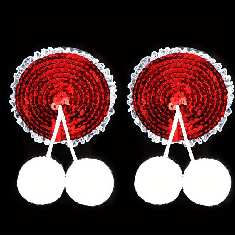 1 Pair of Round Christmas Nipple Stickers for Adults with Sequins, Red Silicone Nipple Stickers with White Lace Nipple Ornaments