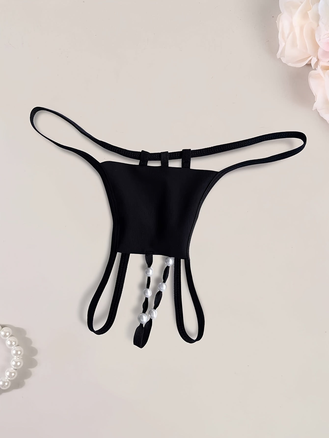 Sexy Adult Thong Panties with Pearl Details, Solid Color, Polyamide Knit Fabric, Comfortable Breathable Design for Women