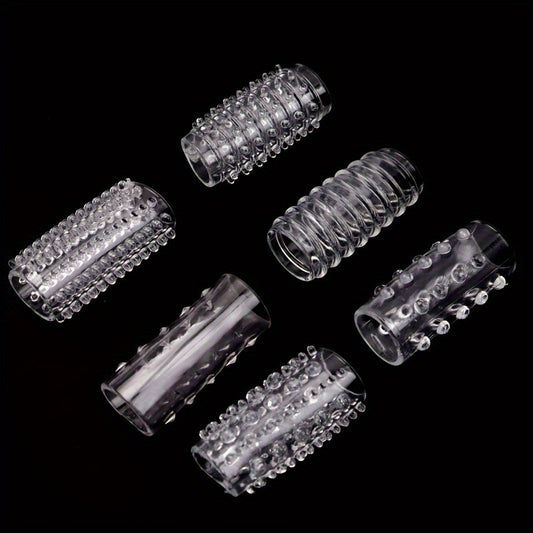 6 Pack of Clear Male Penis Sleeves for Enlargement, G-Spot Stimulation, and Delayed Ejaculation - Reusable and Soft for Adult Use