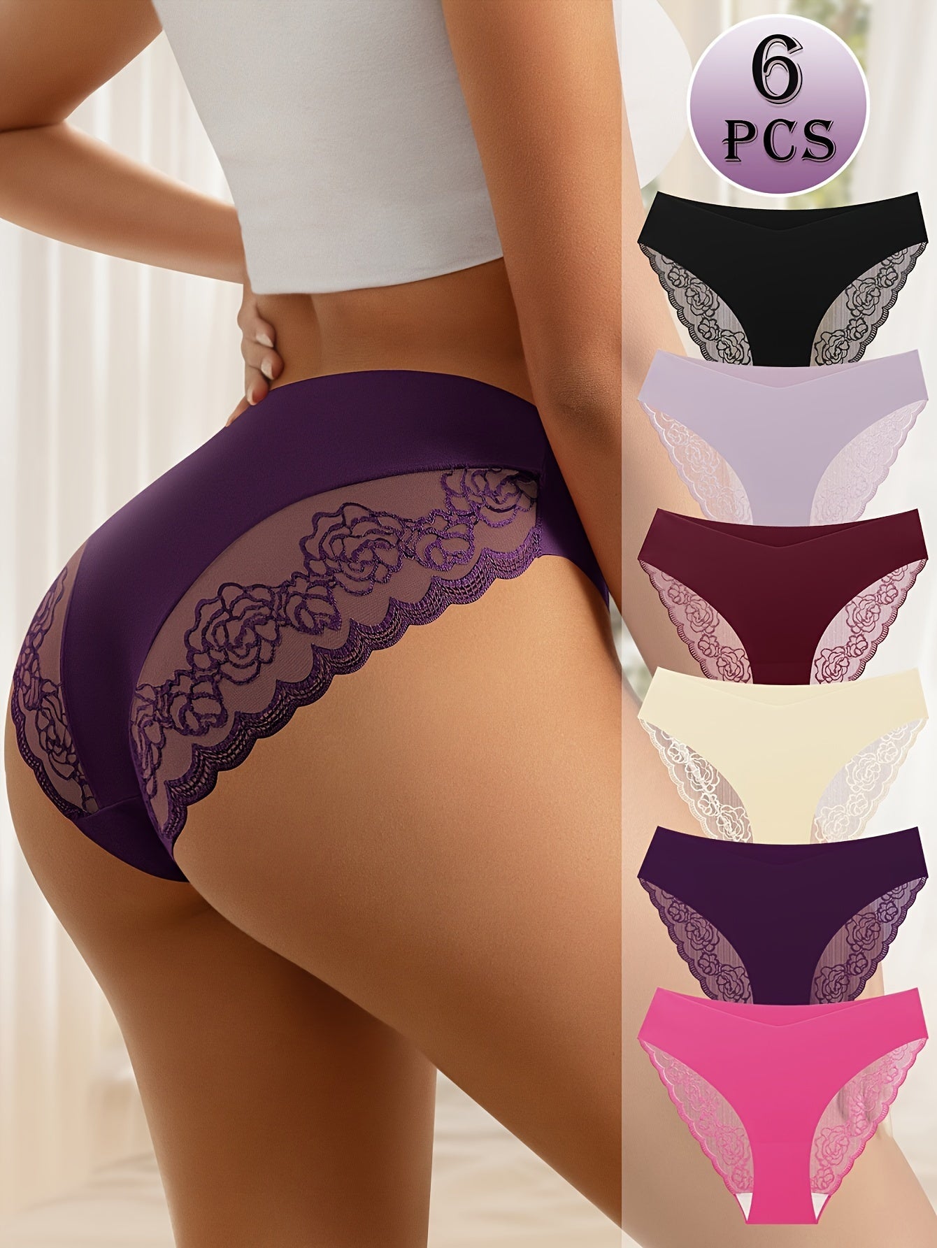 6pcs Elegant Lace Trim Briefs for Women - Breathable, Lightweight Nylon Blend Panties, Solid Color