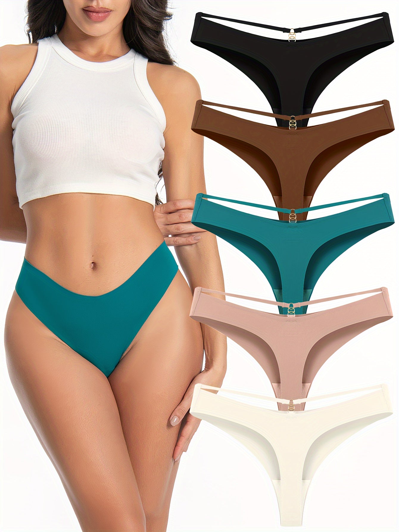 5pcs Sexy Cut-out Thongs, Breathable & Comfy Solid Color Seamless Intimates Panties, Women's Lingerie & Underwear