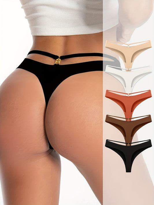 5pcs Sexy Cut-out Thongs, Breathable & Comfy Solid Color Seamless Intimates Panties, Women's Lingerie & Underwear