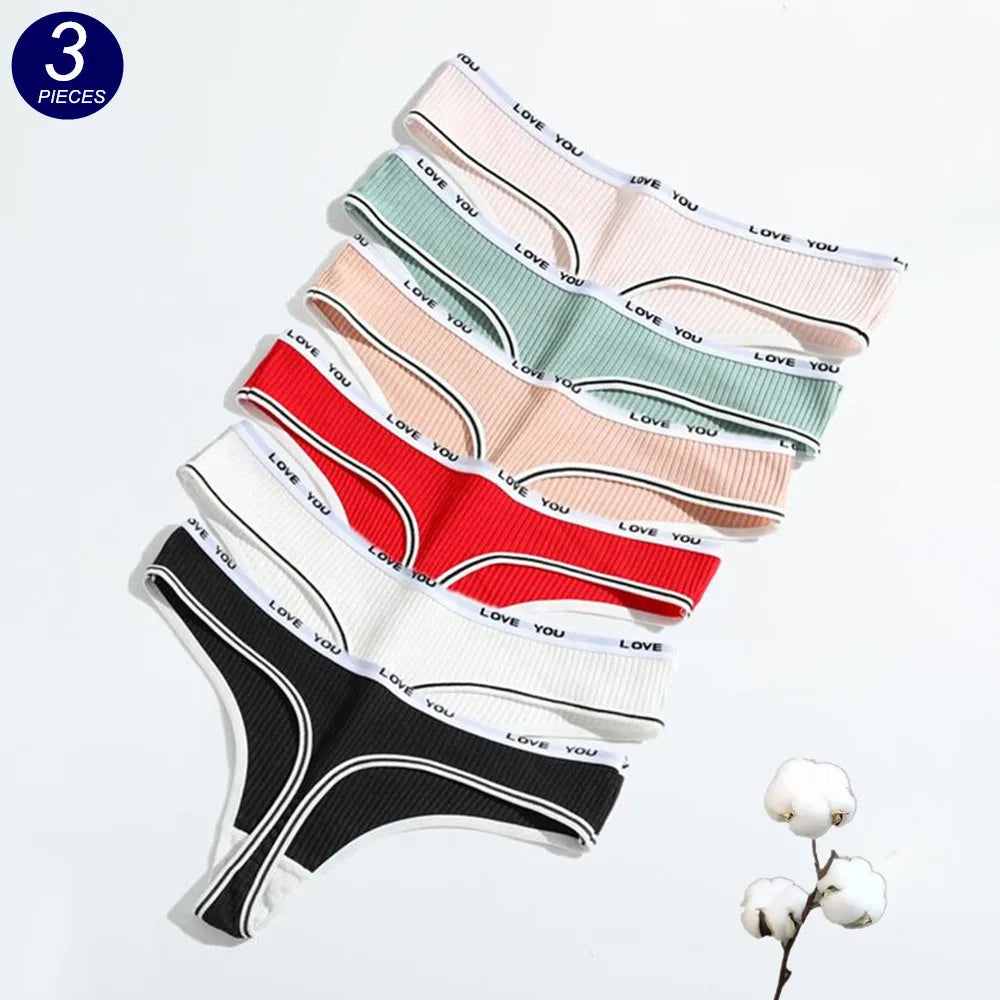 3pcs Ribbed Cotton G String Women Pack Lift Hip "LOVE YOU" T Pants Europe Size S-XL Sexy Bikini Bottom Underwear