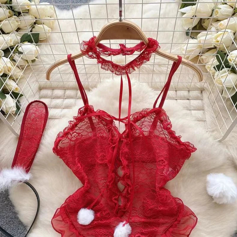 Sexy Lace Neckline Jumpsuit Girl Transparent Mesh Set Women Secret Pornographic Underwear Nightclub Bodysuit Cosplay Rabbit Girl