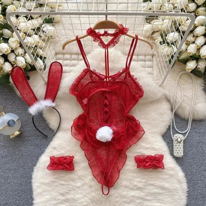 Sexy Lace Neckline Jumpsuit Girl Transparent Mesh Set Women Secret Pornographic Underwear Nightclub Bodysuit Cosplay Rabbit Girl