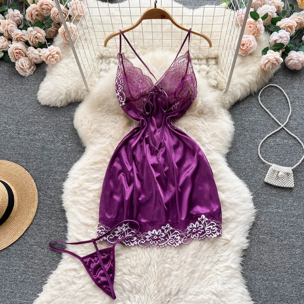 Sexy Women Night Dress Sleeveless Backless Porno Pajamas Floral Lace Erotic Nightwears+Thongs Satin Short Transparent Dresses