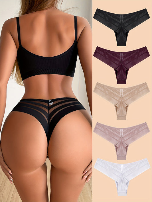 5pcs Solid Contrast Mesh Bow Thongs, Comfy & Breathable Intimates Panties, Women's Lingerie & Underwear