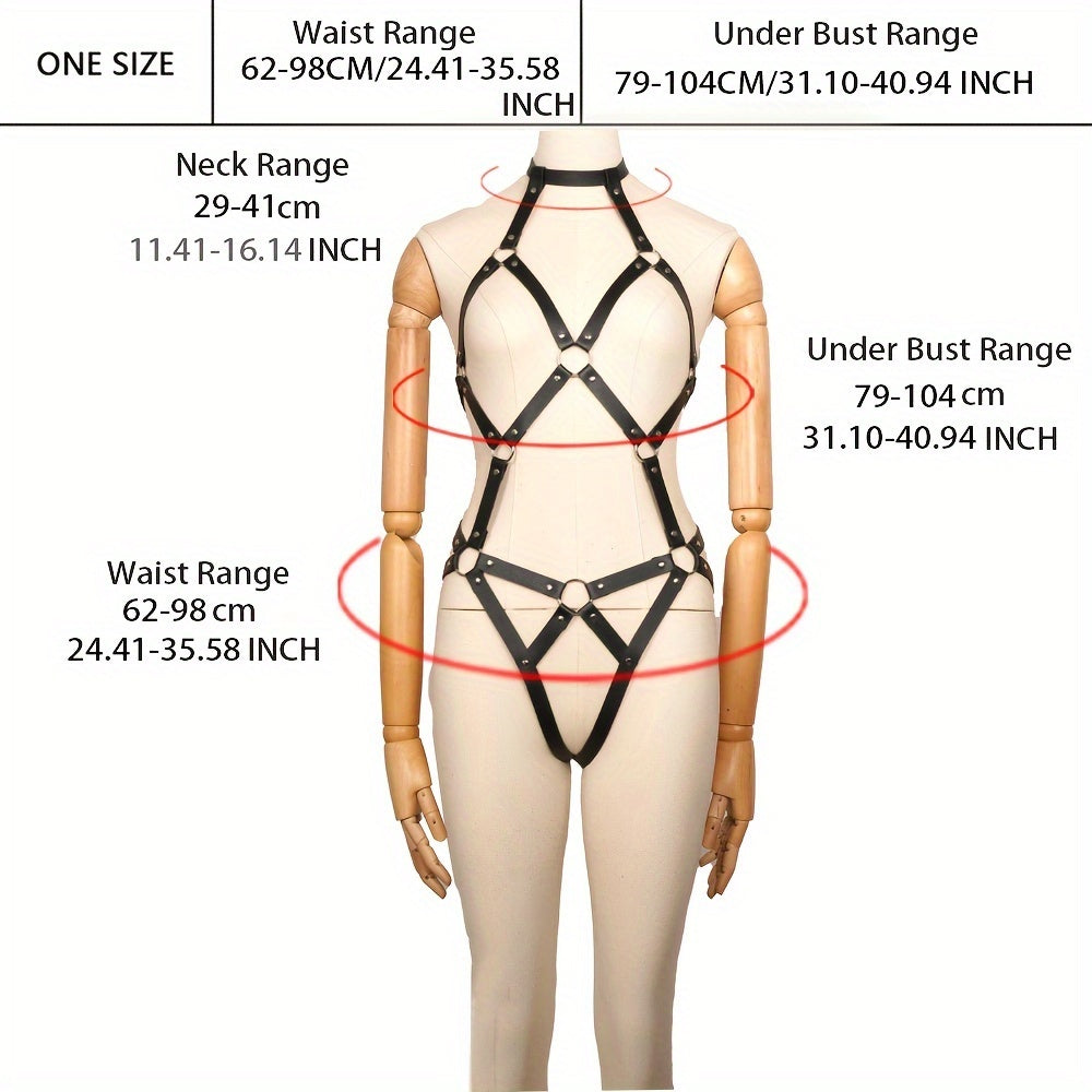 Erotic Adult Body Garter Belt Bodysuit, Punk Hollow Out Halter Strappy Cage Bodysuit, Women's Sexy Lingerie & Underwear Accessories