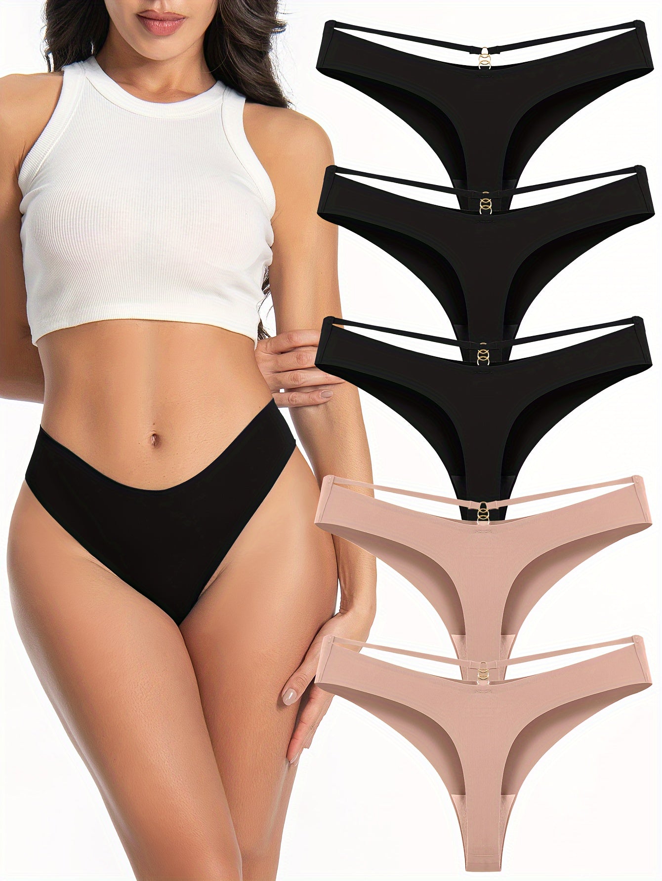 5pcs Sexy Cut-out Thongs, Breathable & Comfy Solid Color Seamless Intimates Panties, Women's Lingerie & Underwear