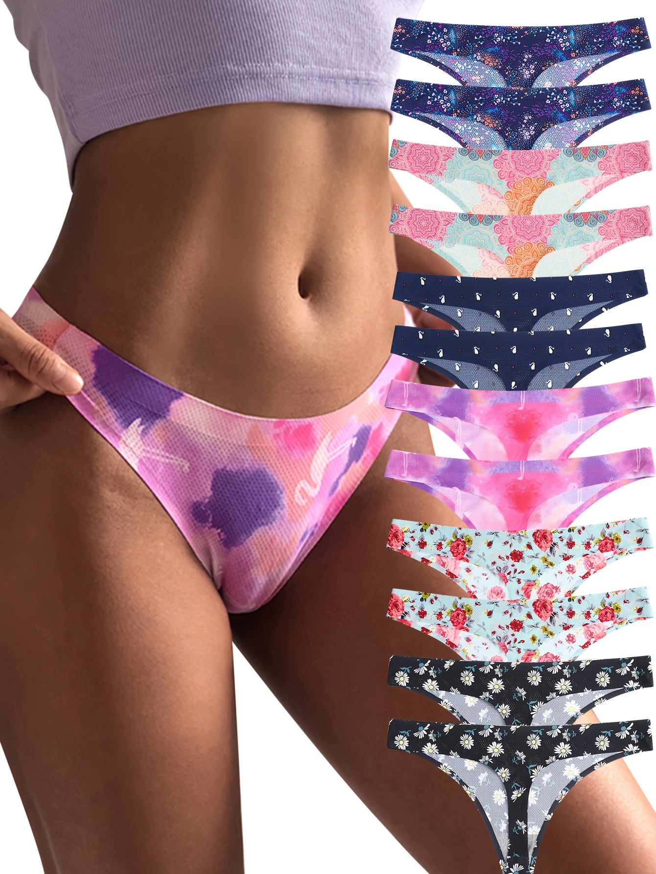 12pcs Allover Print Thongs, Sexy Comfy Breathable Stretchy Intimates Panties, Women's Lingerie & Underwear